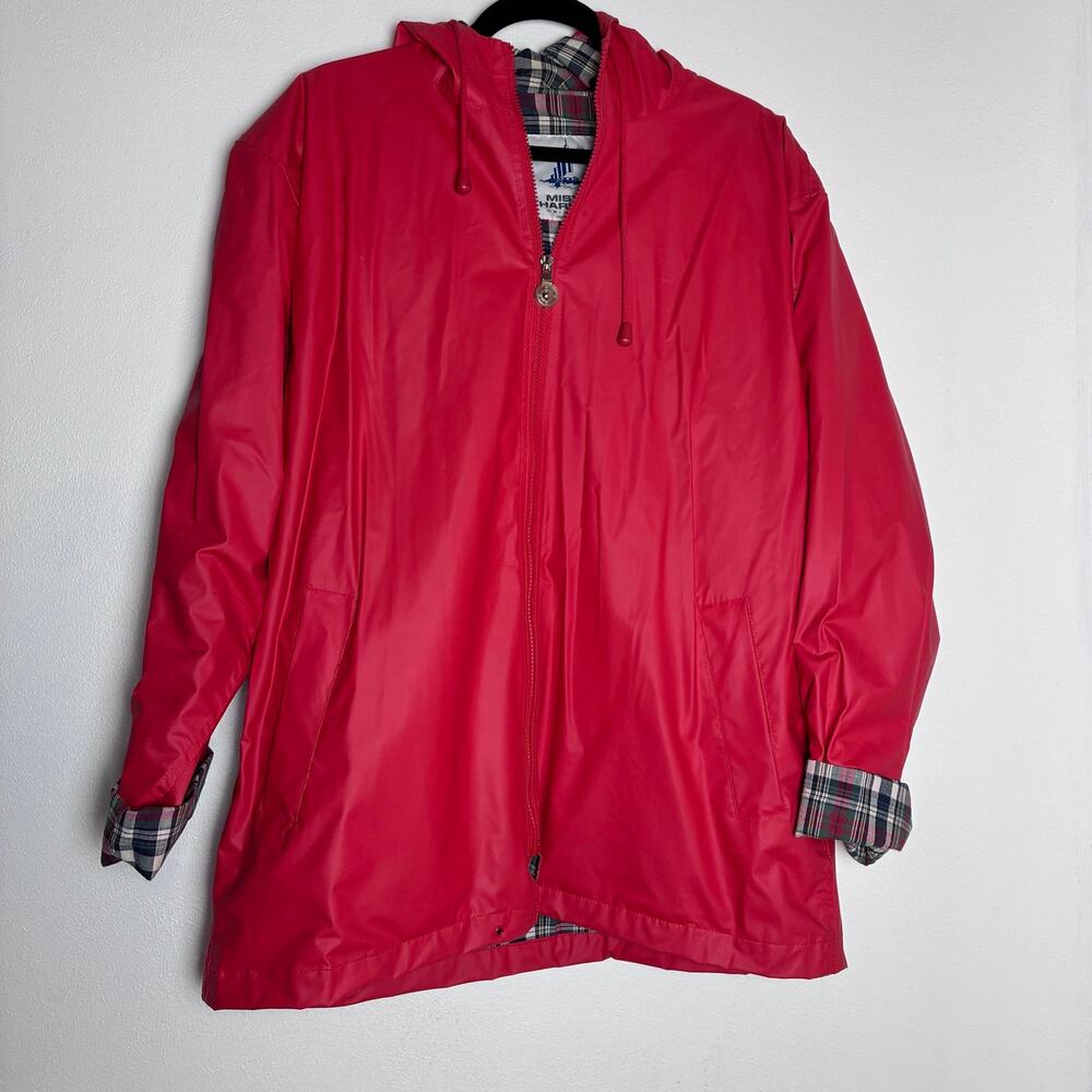VTG Misty Harbor Red Raincoat Jacket Hooded Plaid Lined Vinyl Trench Womens 1X